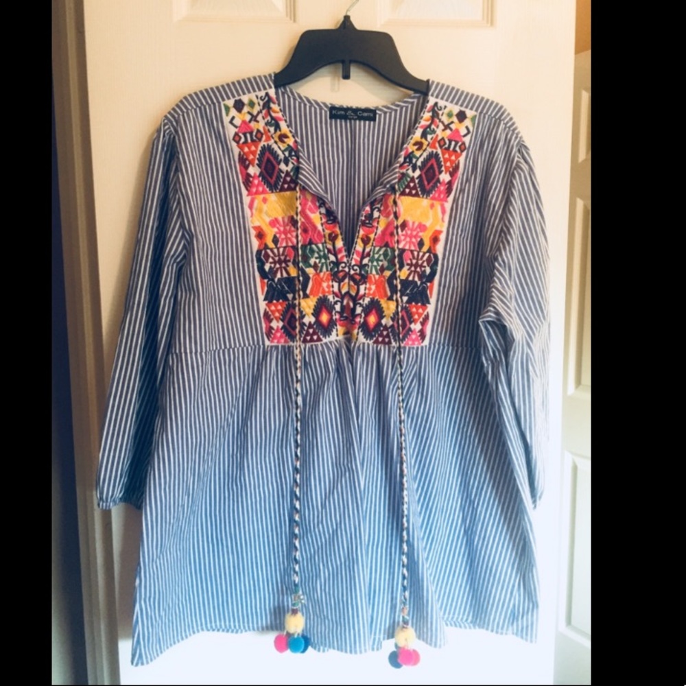 *New* Embroidered Striped Tassel Top